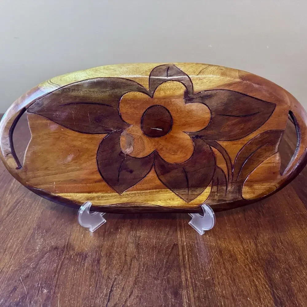 Hand Carved Haitian Wooden Serving Tray African Scene Donkey Figures Vintage 20”